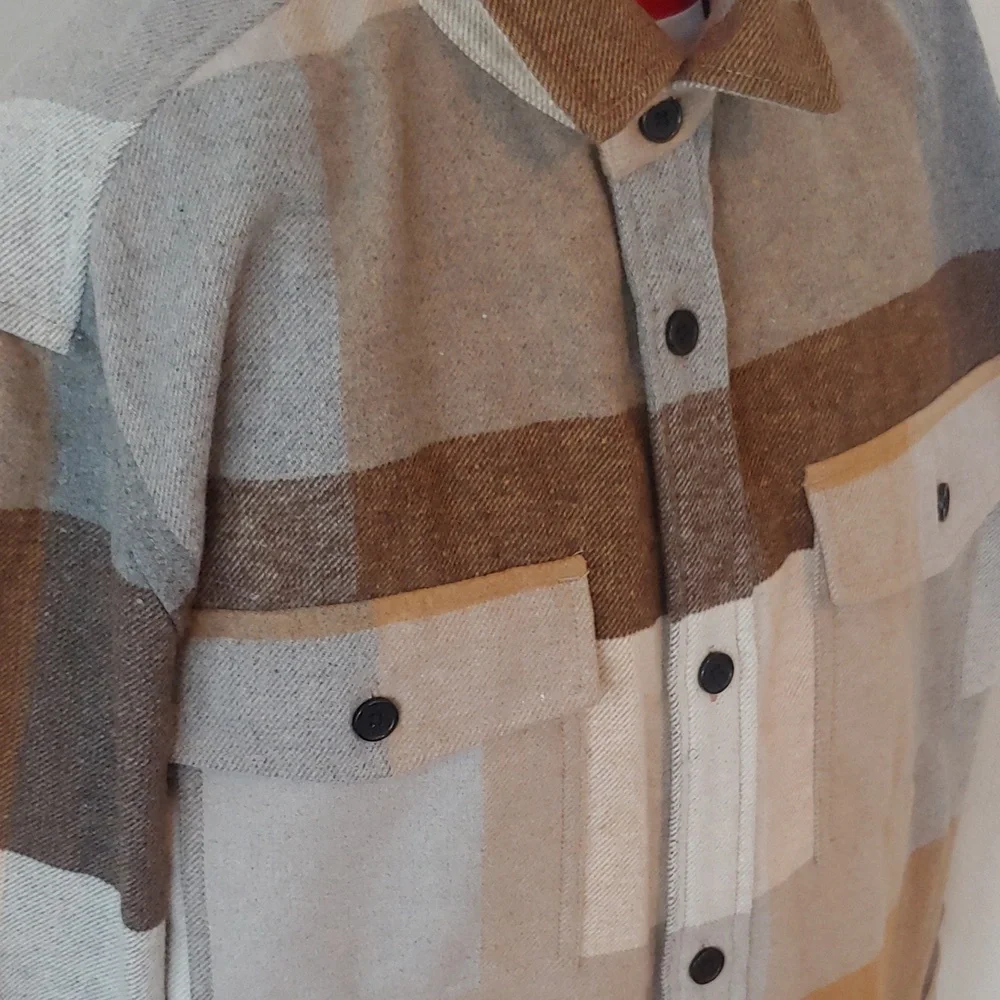 Men's Plaid Polyester Blend Button Shirt Brown, Tan, XL - Picture 4 of 15